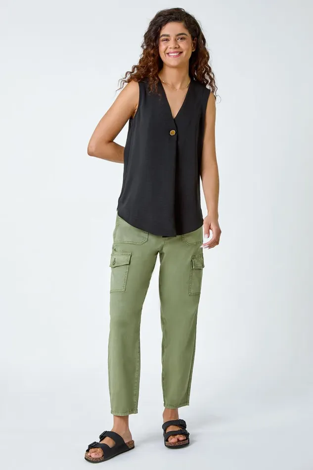 Women Black Pleat Front Button Detail VNeck Vest Roman Tops