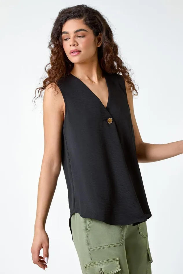 Women Black Pleat Front Button Detail VNeck Vest Roman Tops