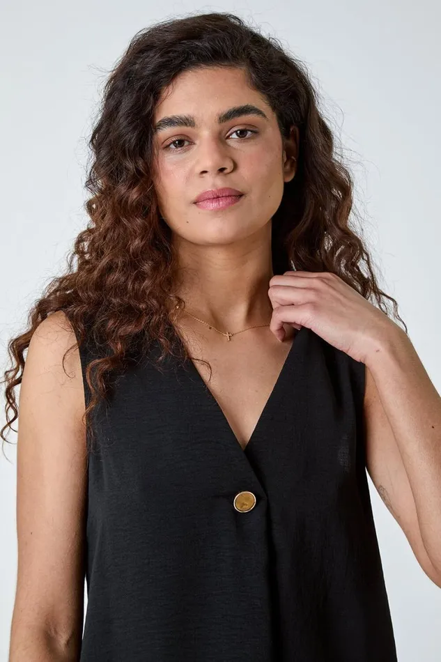 Women Black Pleat Front Button Detail VNeck Vest Roman Tops