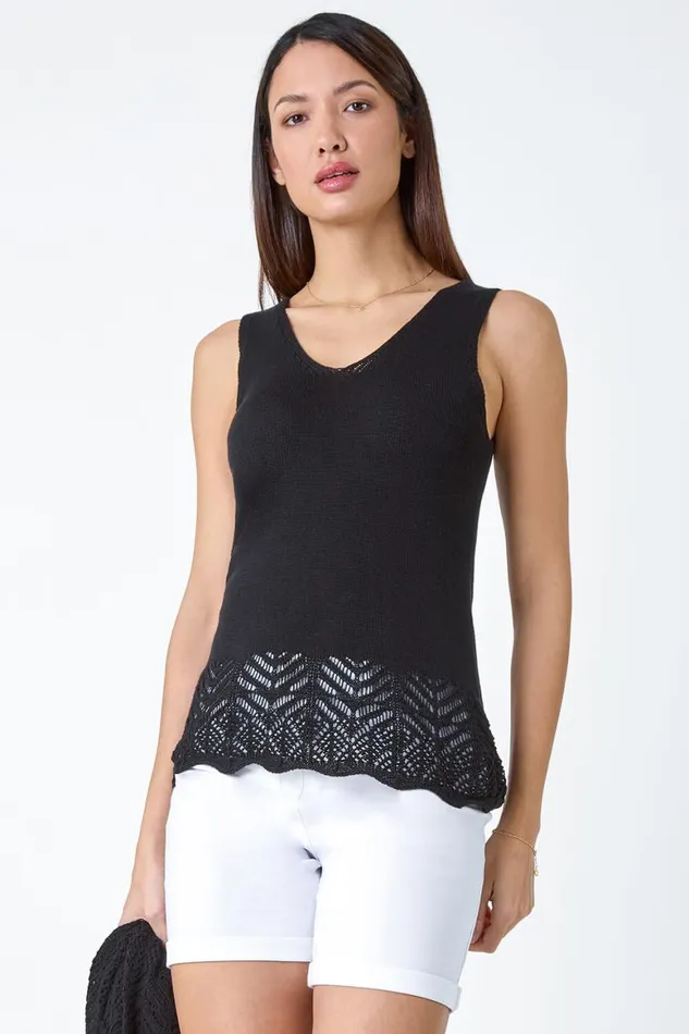 Women Black Pointelle Cotton Knit VNeck Vest Roman Tops