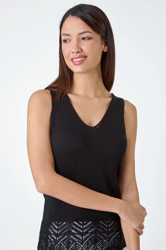 Women Black Pointelle Cotton Knit VNeck Vest Roman Tops