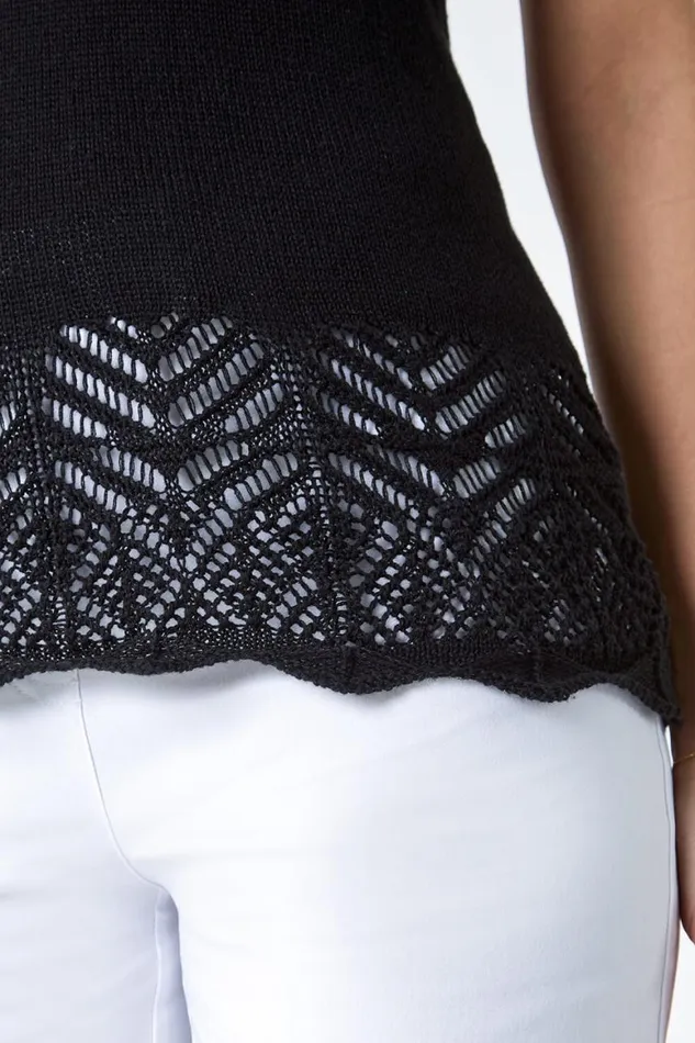 Women Black Pointelle Cotton Knit VNeck Vest Roman Tops