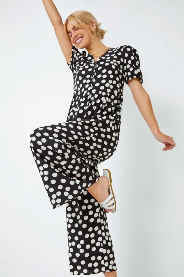 Women Black Polka Dot Print Culotte Jumpsuit Roman Dresses