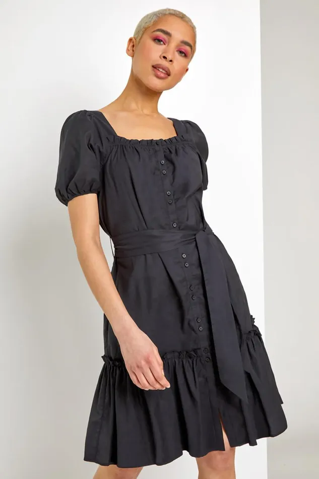 Women Black Puff Sleeve Tiered Square Neck Dress Roman Dresses