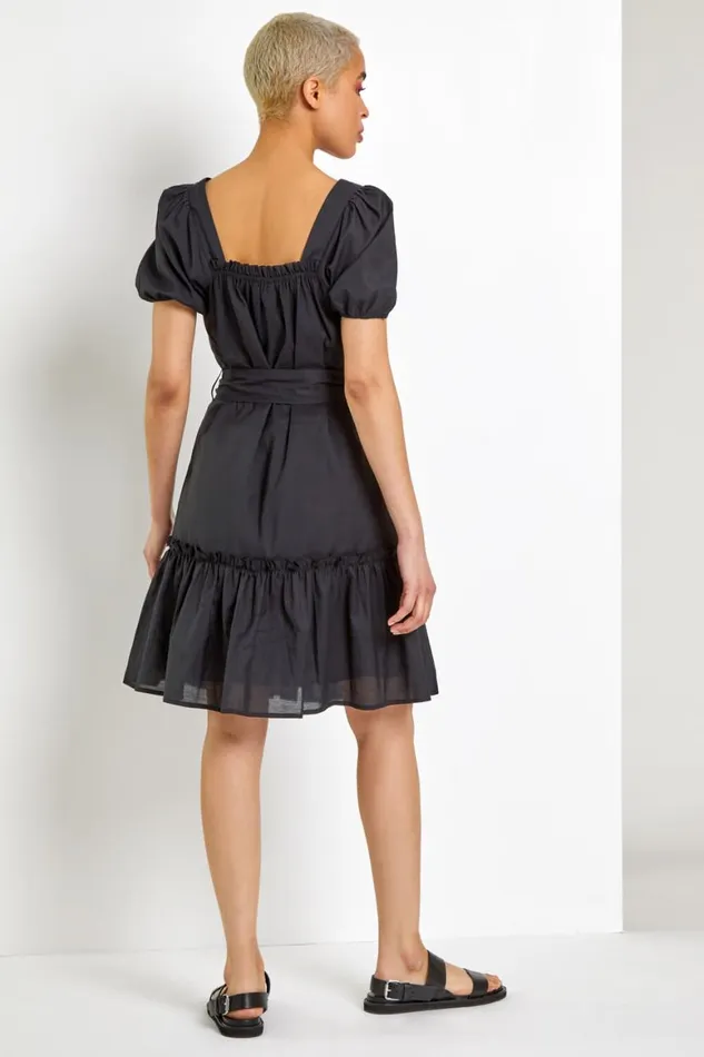 Women Black Puff Sleeve Tiered Square Neck Dress Roman Dresses