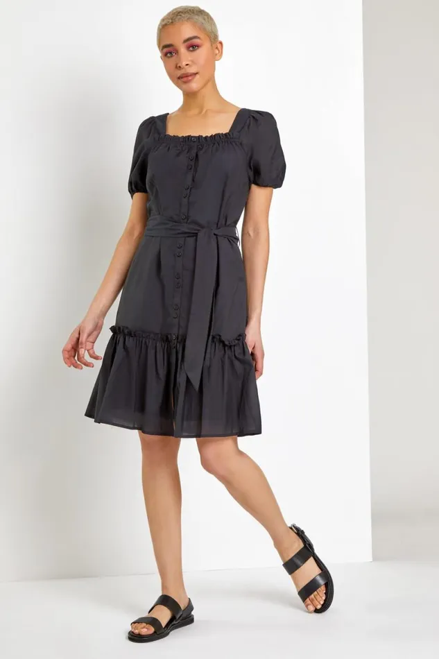 Women Black Puff Sleeve Tiered Square Neck Dress Roman Dresses