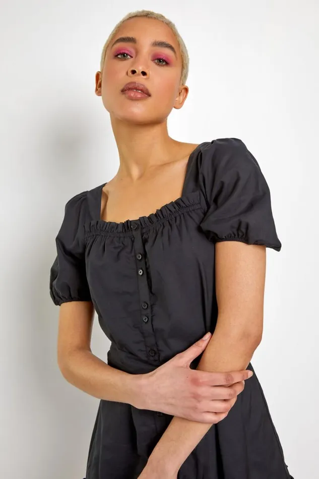 Women Black Puff Sleeve Tiered Square Neck Dress Roman Dresses