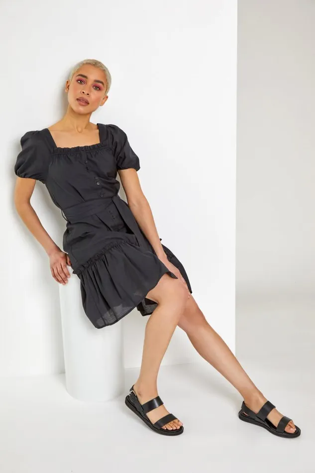 Women Black Puff Sleeve Tiered Square Neck Dress Roman Dresses