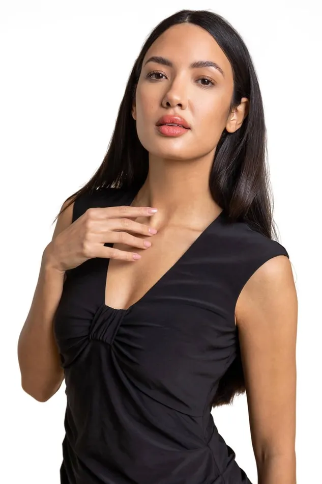 Women Black Ruched Knot Front Jersey Dress Roman Dresses