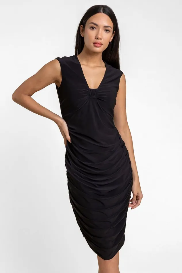 Women Black Ruched Knot Front Jersey Dress Roman Dresses