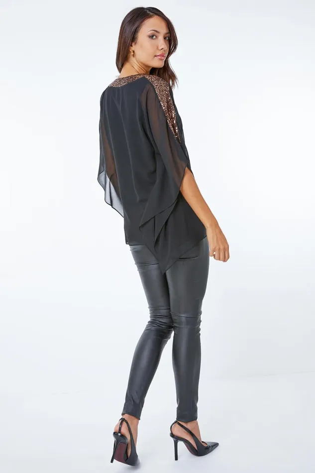 Women Black Sequin Embellished Trim Chiffon Overlay Top Roman Tops