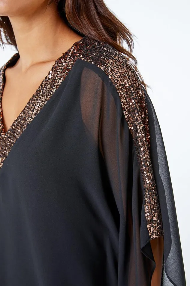 Women Black Sequin Embellished Trim Chiffon Overlay Top Roman Tops