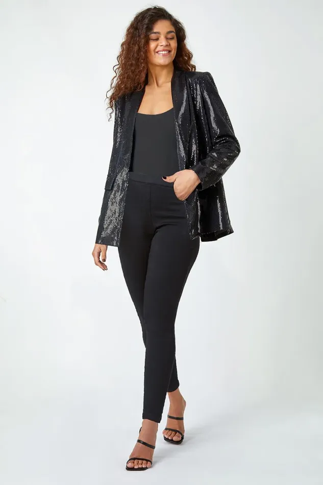Women Black Sequin Shawl Collar Blazer Roman Jackets