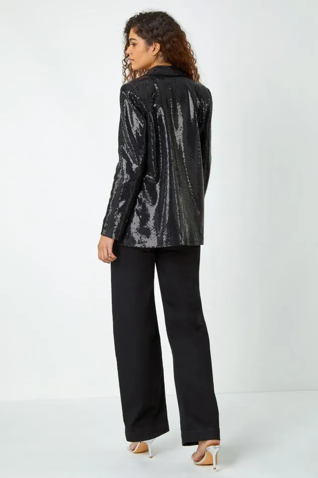 Women Black Sequin Shawl Collar Blazer Roman Jackets