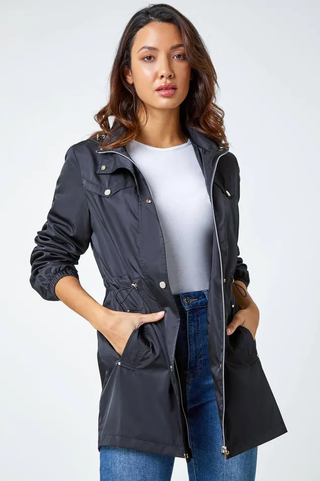 Women Black Shower Resistant Longline Jacket Roman Jackets