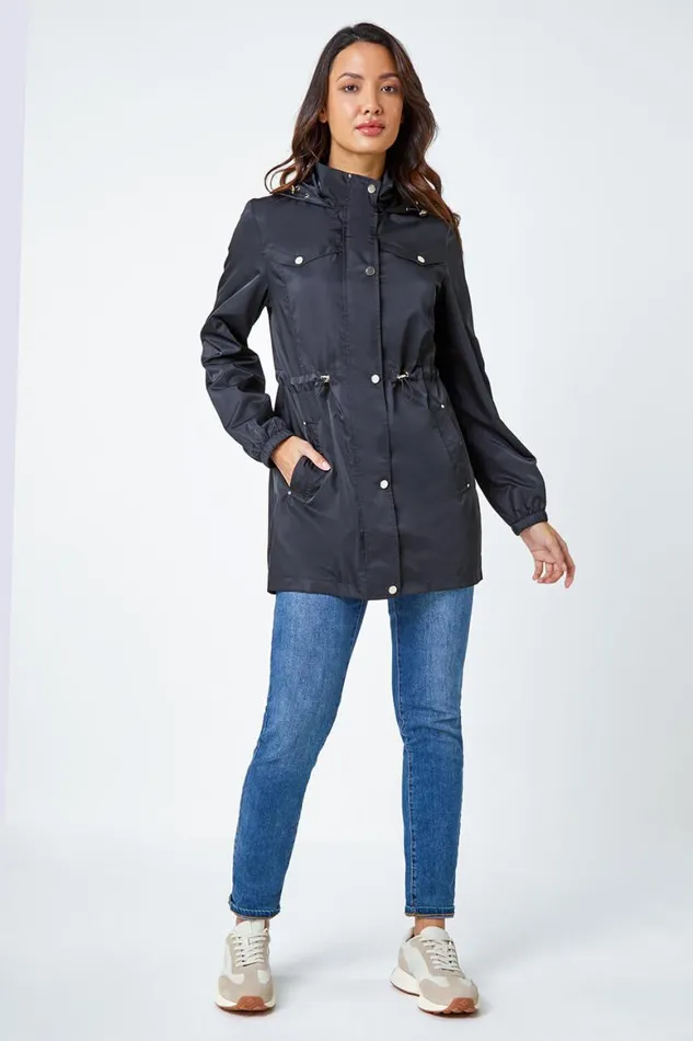 Women Black Shower Resistant Longline Jacket Roman Jackets