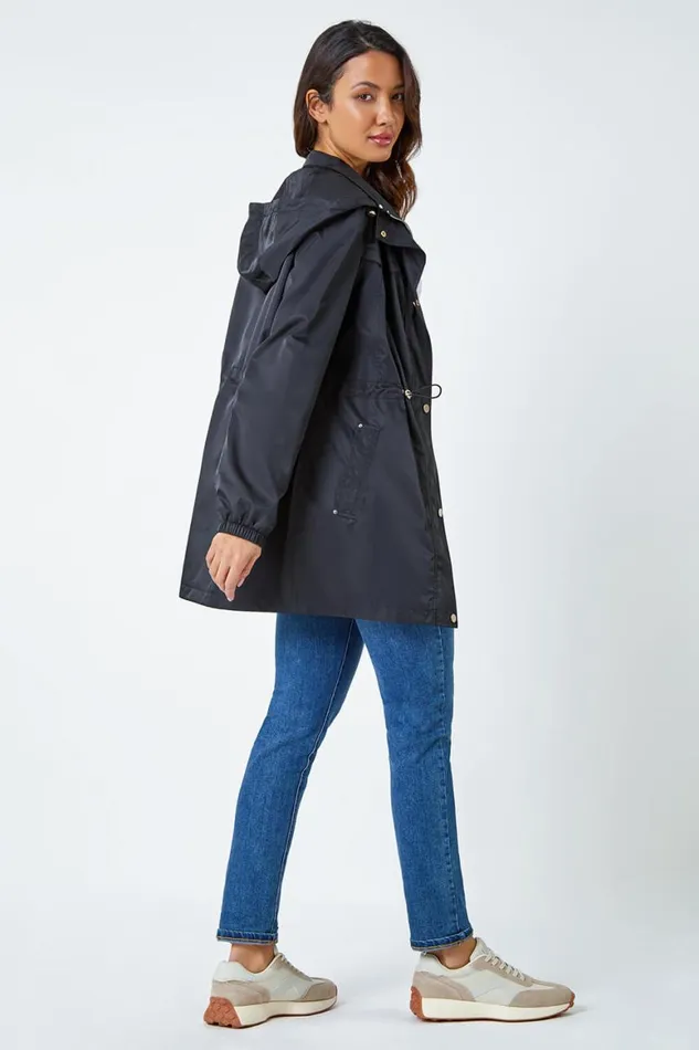 Women Black Shower Resistant Longline Jacket Roman Jackets