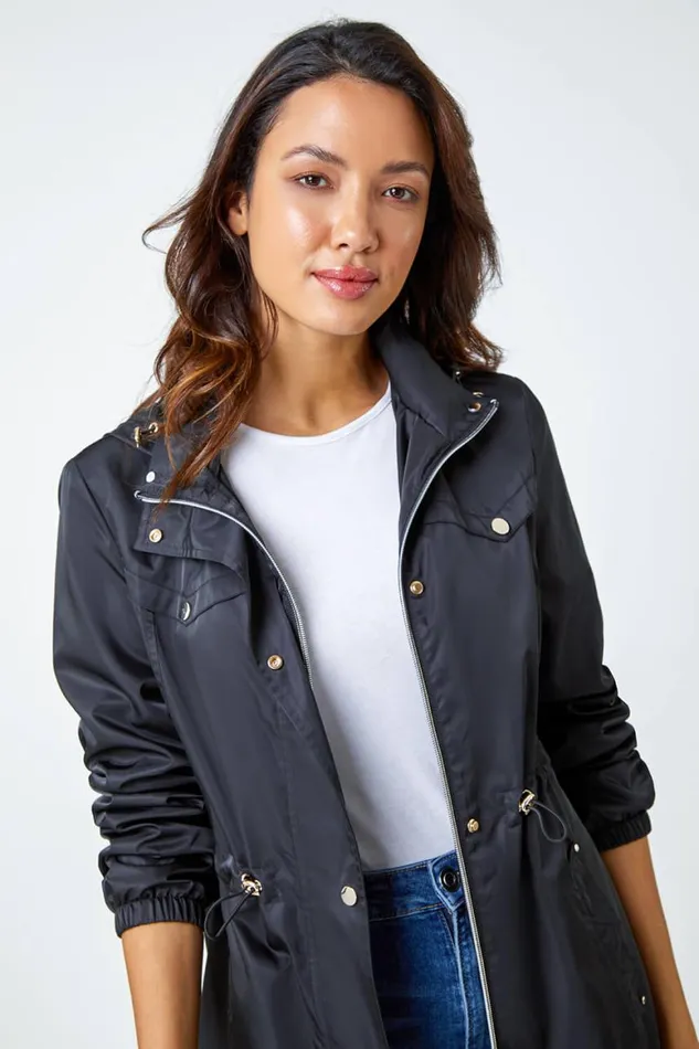 Women Black Shower Resistant Longline Jacket Roman Jackets