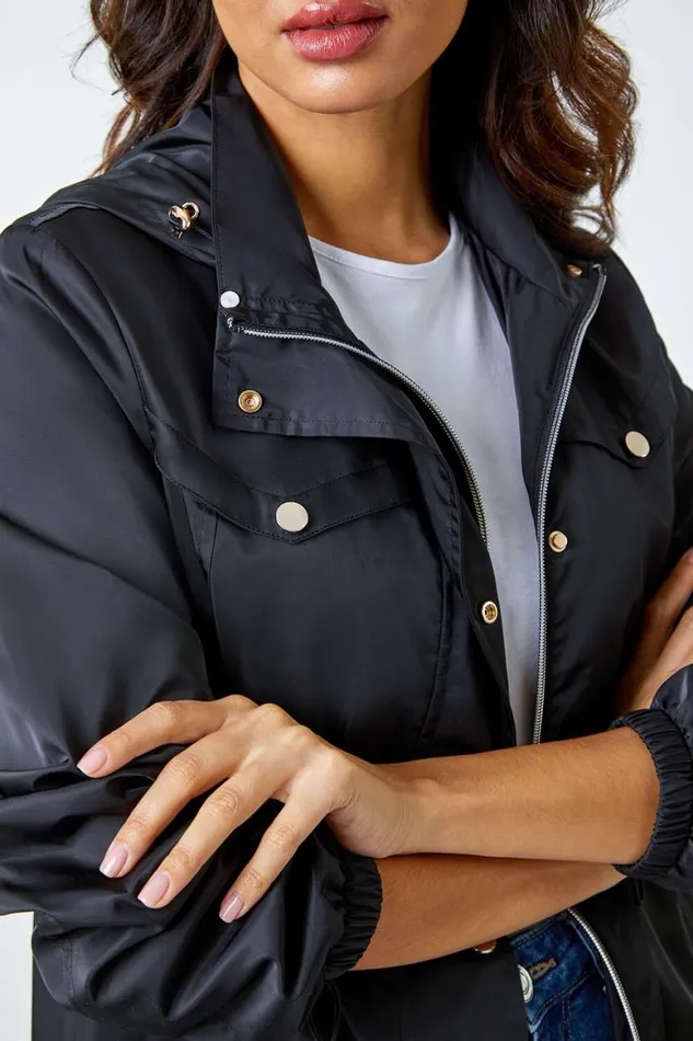Women Black Shower Resistant Longline Jacket Roman Jackets