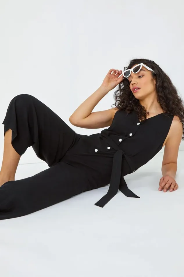 Women Black Sleeveless Linen Blend Jumpsuit Roman Dresses