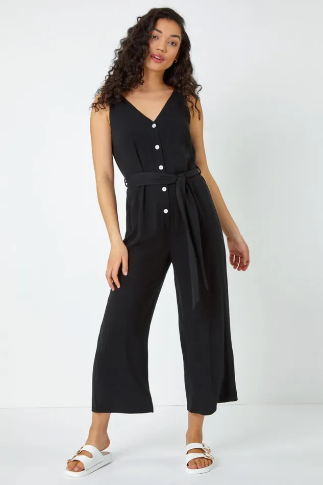 Women Black Sleeveless Linen Blend Jumpsuit Roman Dresses