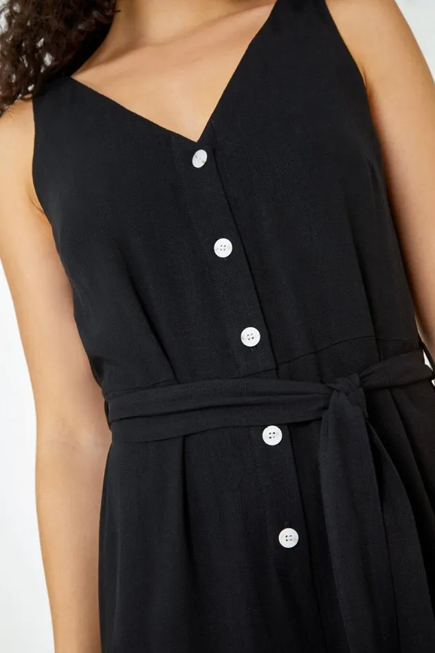 Women Black Sleeveless Linen Blend Jumpsuit Roman Dresses