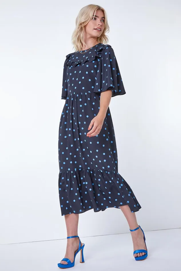 Women Black Spot Print Angel Sleeve Maxi Dress Roman Dresses