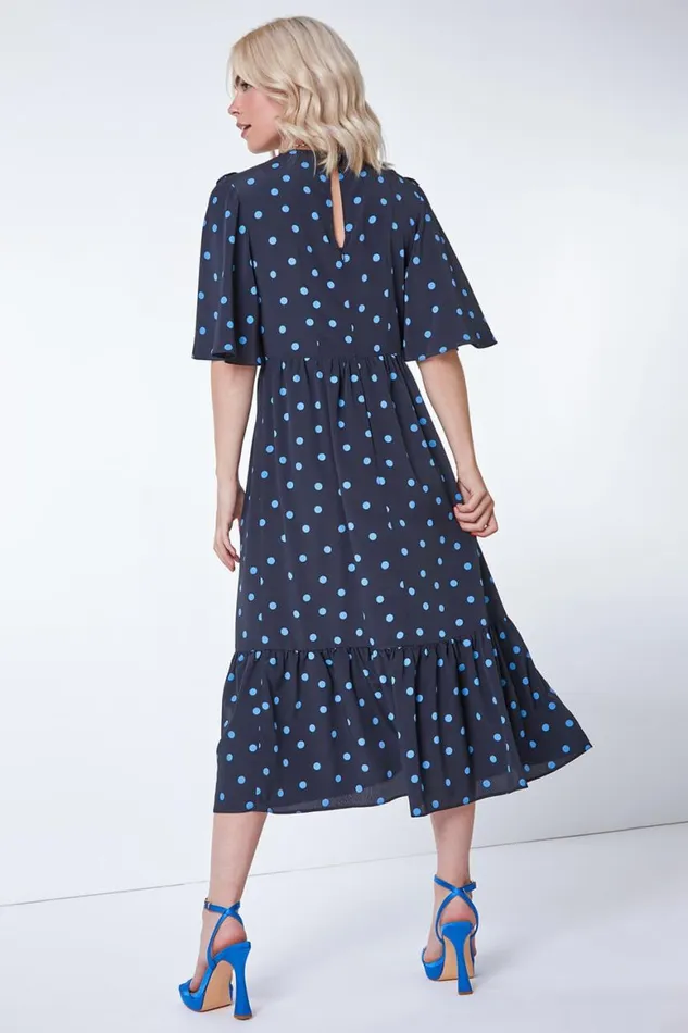 Women Black Spot Print Angel Sleeve Maxi Dress Roman Dresses
