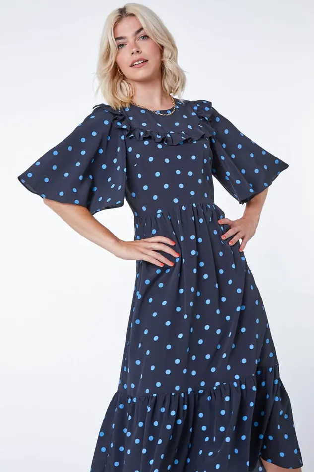 Women Black Spot Print Angel Sleeve Maxi Dress Roman Dresses