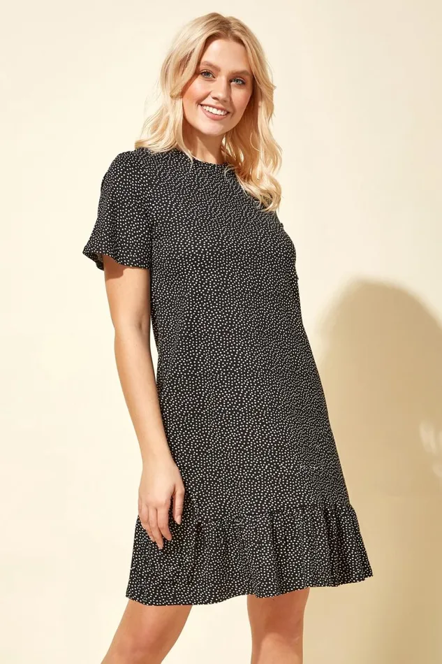 Women Black Spot Print Frill Hem Dress Roman Dresses