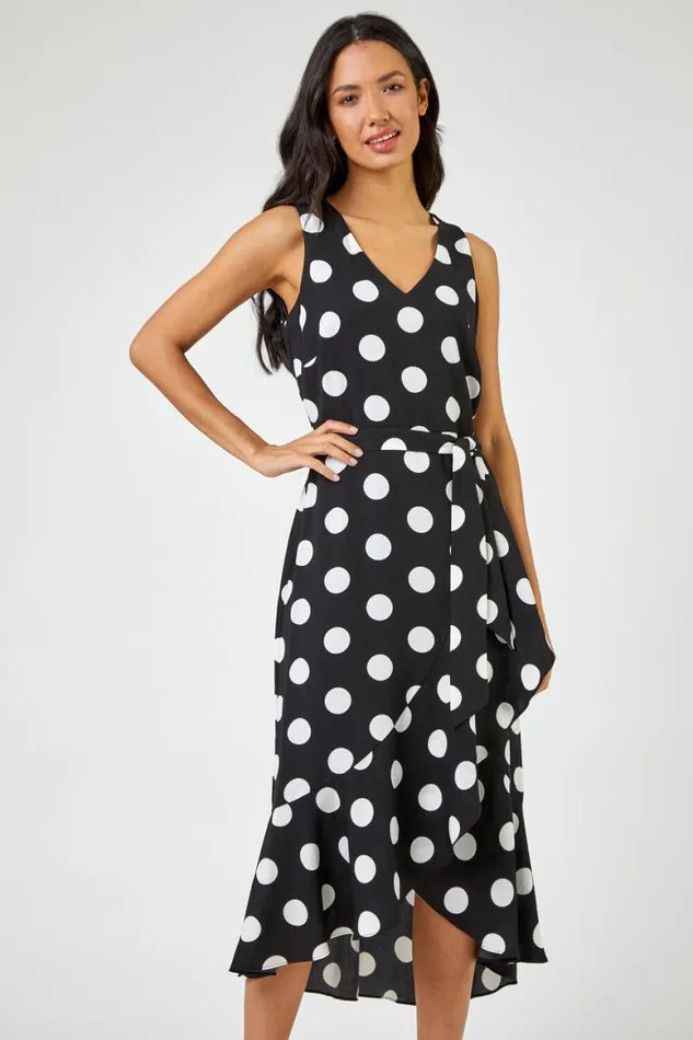 Women Black Spot Print Frill Hem Midi Dress Roman Dresses