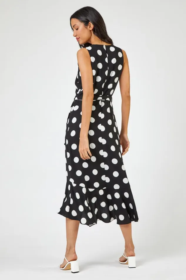 Women Black Spot Print Frill Hem Midi Dress Roman Dresses