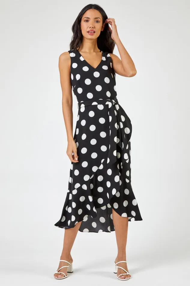 Women Black Spot Print Frill Hem Midi Dress Roman Dresses