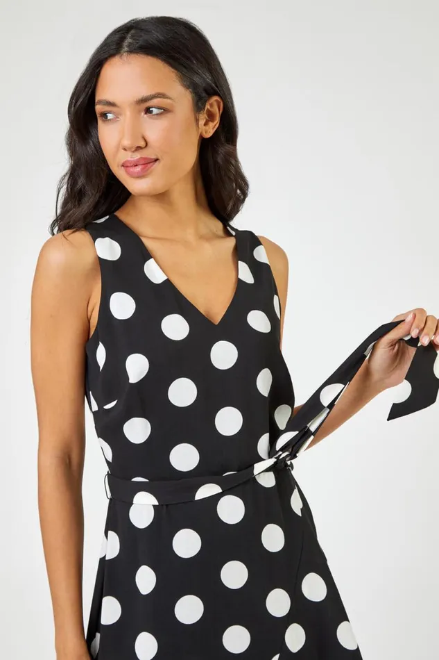 Women Black Spot Print Frill Hem Midi Dress Roman Dresses