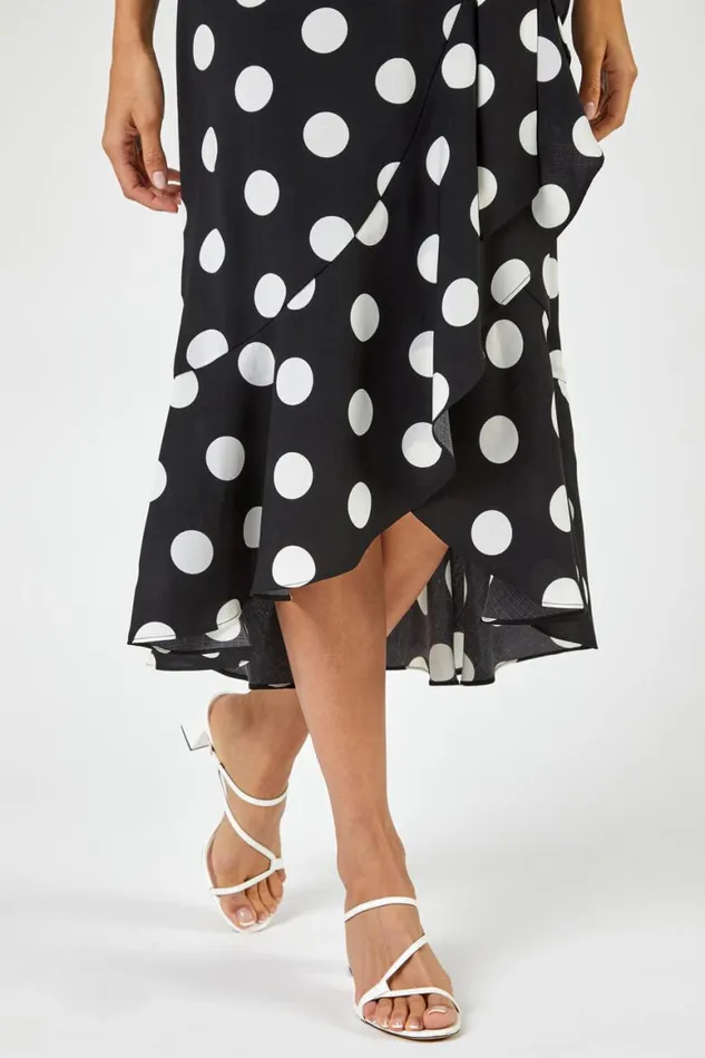 Women Black Spot Print Frill Hem Midi Dress Roman Dresses