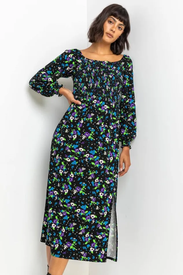 Women Black Square Neck Floral Maxi Dress Roman Dresses