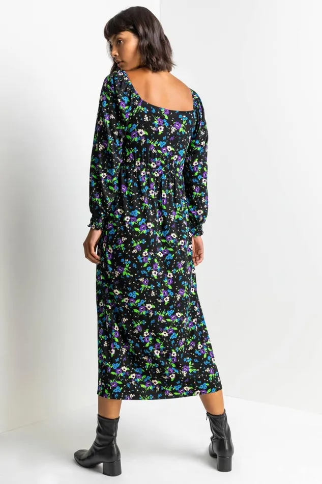 Women Black Square Neck Floral Maxi Dress Roman Dresses