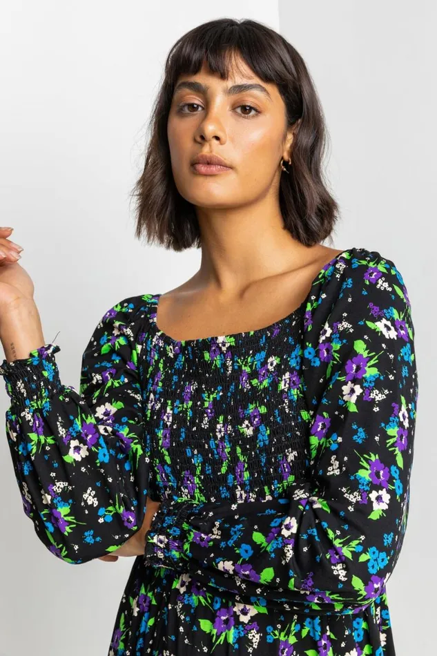 Women Black Square Neck Floral Maxi Dress Roman Dresses