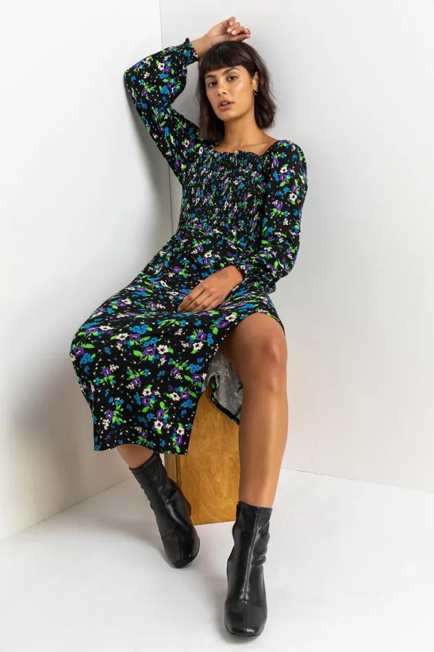 Women Black Square Neck Floral Maxi Dress Roman Dresses