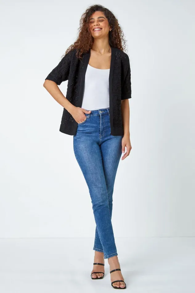 Women Black Stitch Detail Knit Cardigan Roman Knitwear