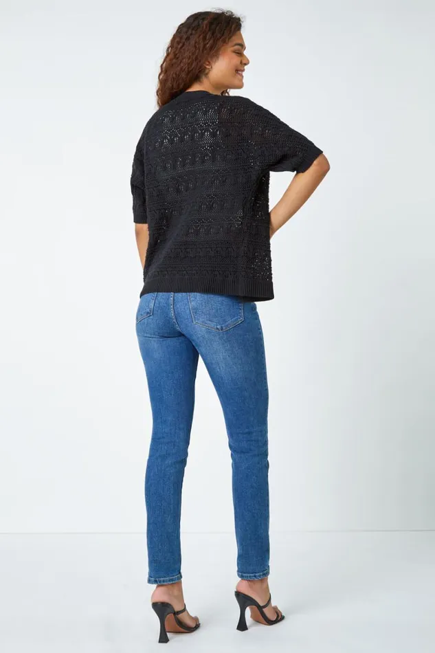 Women Black Stitch Detail Knit Cardigan Roman Knitwear