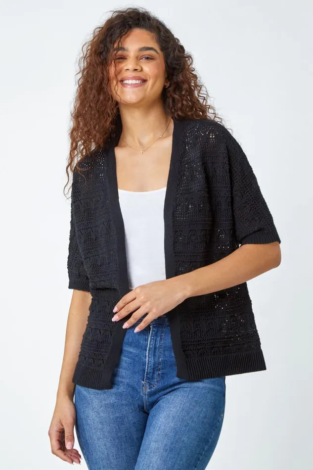 Women Black Stitch Detail Knit Cardigan Roman Knitwear