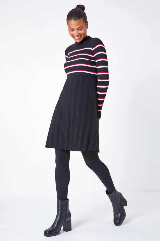 Women Black Stripe Print Pleated Jumper Dress Roman Dresses
