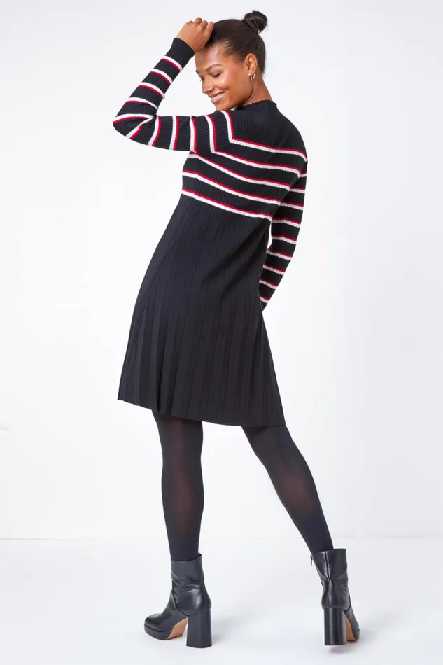 Women Black Stripe Print Pleated Jumper Dress Roman Dresses