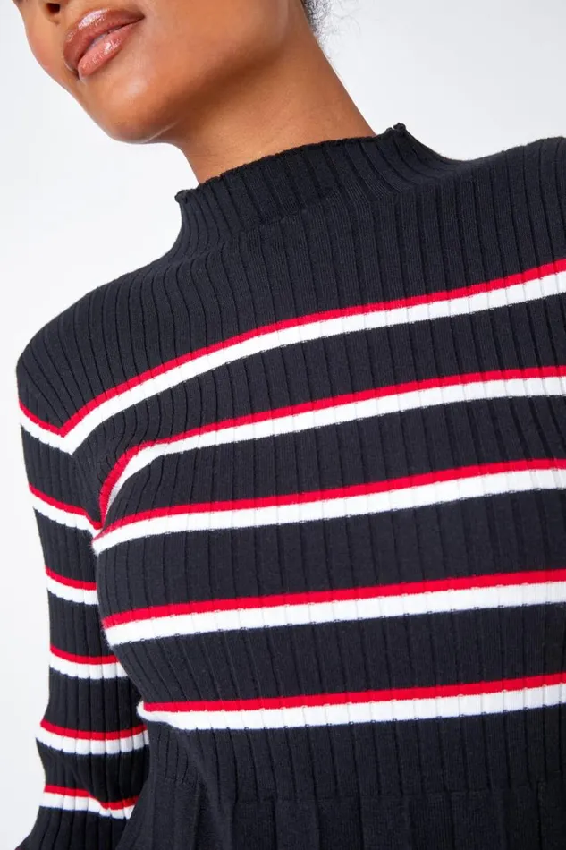 Women Black Stripe Print Pleated Jumper Dress Roman Dresses