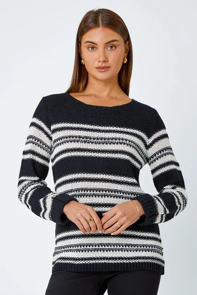 Women Black Textured Multi Stripe Jumper Roman Knitwear