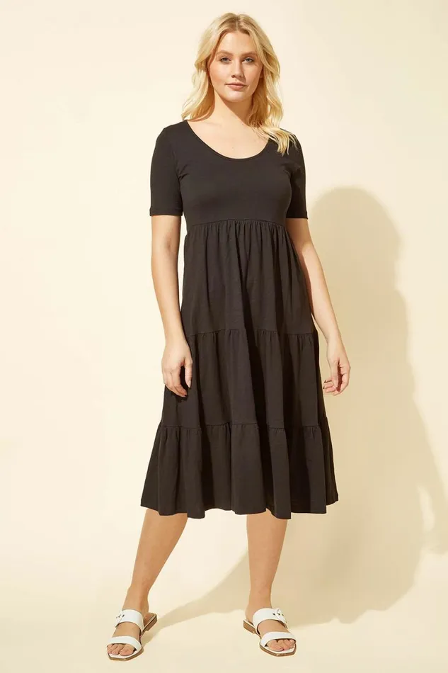 Women Black Tiered Jersey Midi Dress Roman Dresses