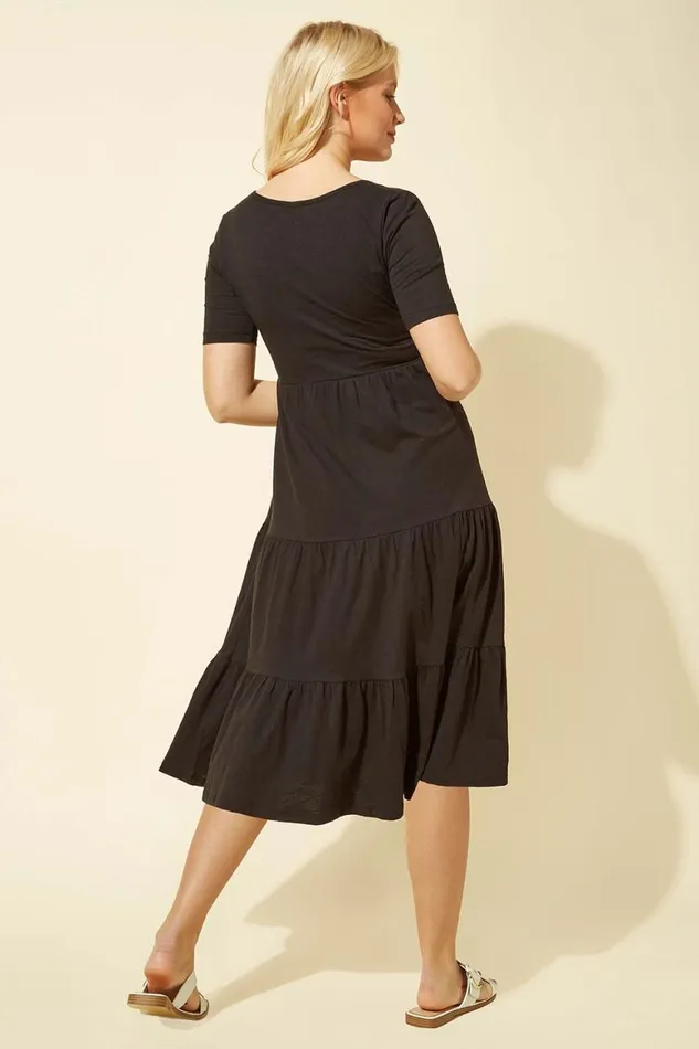 Women Black Tiered Jersey Midi Dress Roman Dresses