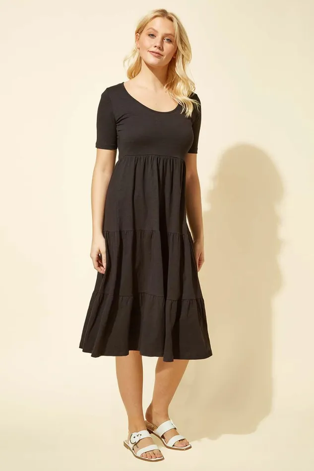 Women Black Tiered Jersey Midi Dress Roman Dresses