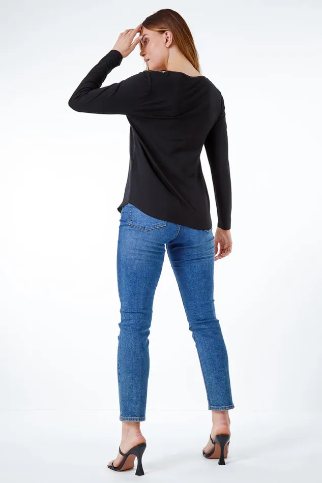 Women Black VNeck Satin Front Embellished Tunic Top Roman Tops